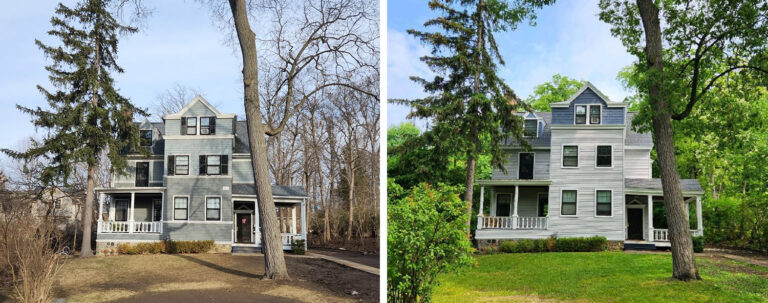 Before and After Work on a Family Home With Pine Tree in Front Yard